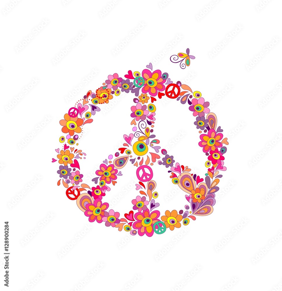 Hippie print with peace flower symbol with abstract flowers
