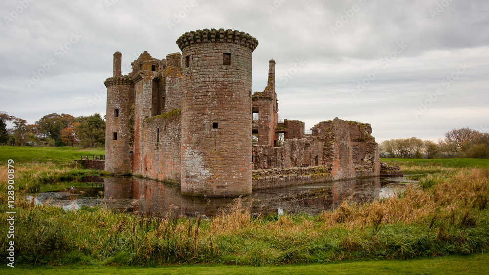 Caerlaverock Castle is a moated triangular castle first built in the 13th century. It is located on the southern coast of Scotland, 11 kilometres south of Dumfries