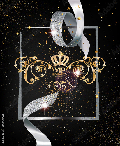 VIP INVITATION BACKGROUND WITH SILVER CUT RIBBON AND SILVER FRAME AND CONFETTI
