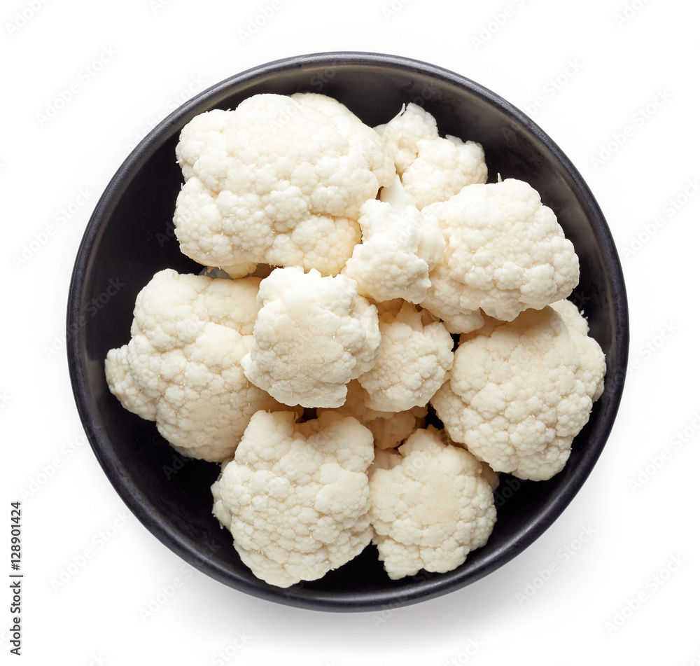 Bowl of cauliflower isolated on white, from above Bowl of cauliflower isolated on white, from above