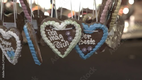 Lebkuchenherz for sale at carnival with 'ich mag dich' written on it.