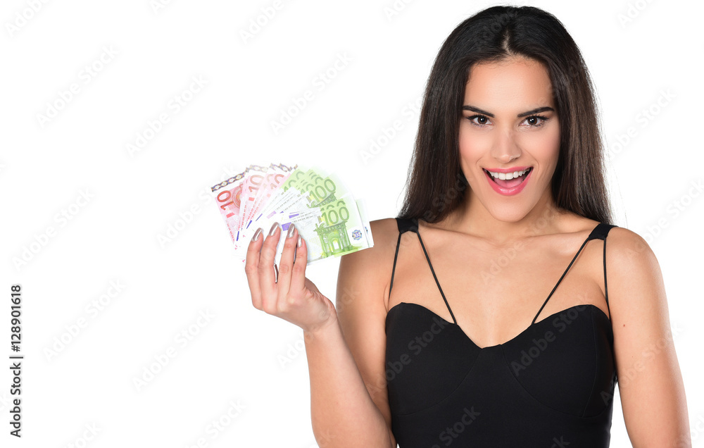 Happy business woman holding euro currency notes, isolated over a white background Happy business woman holding euro currency notes, isolated over a white background