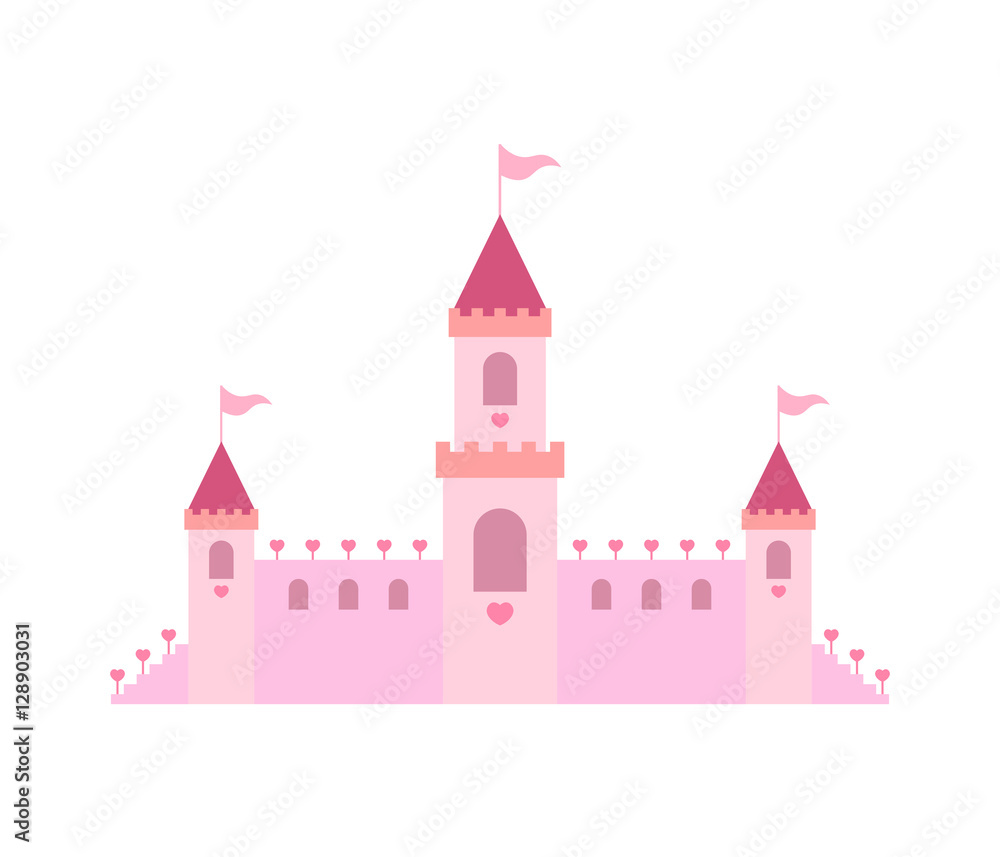 Princess castle decorated hearts on white background. Flat vector illustration