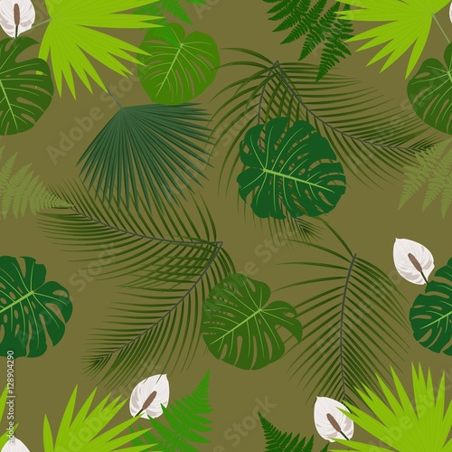 Seamless pattern on a tropical theme. The leaves of palm trees, ferns, monstera leaves. Tropical flower anthurium.