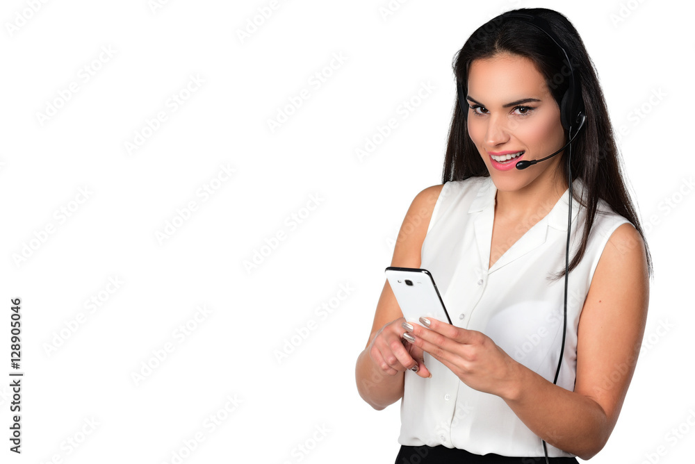 Portrait of beautiful customer support phone operator, isolated against white background Portrait of beautiful customer support phone operator, isolated against white background