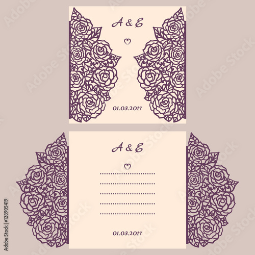 Wedding invitation or greeting card with abstract ornament. Vector envelope template for laser cutting. Paper cut card with silhouette. Cutout silhouette panel. Cutting file