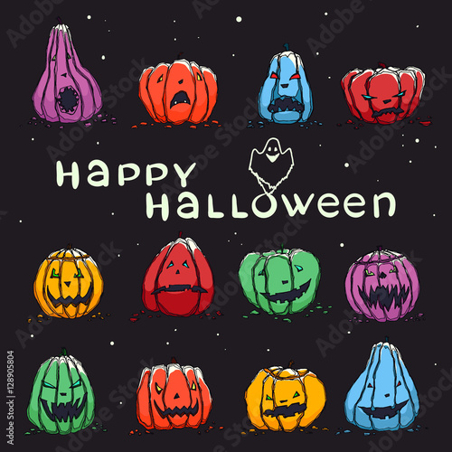 Halloween card with funny halloween pumpkins. Colorful and spook