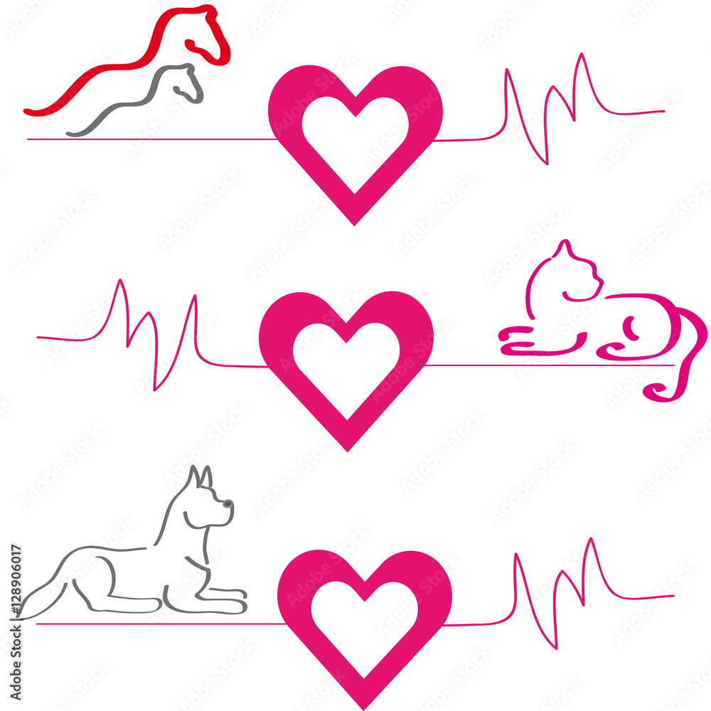 Horses, dog and cat with hearts on white background.