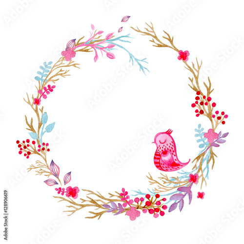 Hand drawn illustration - watercolor wreath. Christmas Wreath with flowers, berries. Perfect for invitations, greeting cards, quotes, blogs, Wedding frames, posters and more