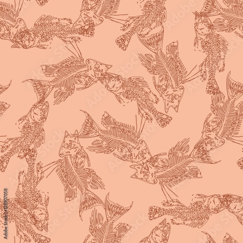 Seamless paleontology pattern with chaotic fossil bones of fishes in peach colors as ornament on cave walls. Vector illustration