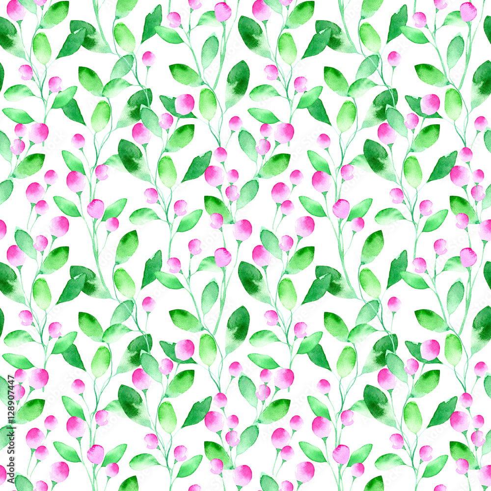 Floral seamless pattern with wild berry and branch.Watercolor hand drawn illustration.White background. Floral seamless pattern with wild berry and branch.Watercolor hand drawn illustration.White background.