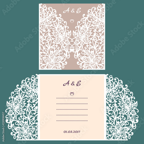 Abstract wedding cutout invitation template. Suitable for lasercutting. Lazercut vector wedding invitation template. Lazer cut vector. Lace folds. Gate fold wedding invitation mockup
