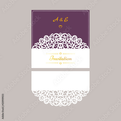 Lazercut vector wedding invitation template. Wedding invitation envelope for laser cutting. Lace gate folds.Lazer cut vector