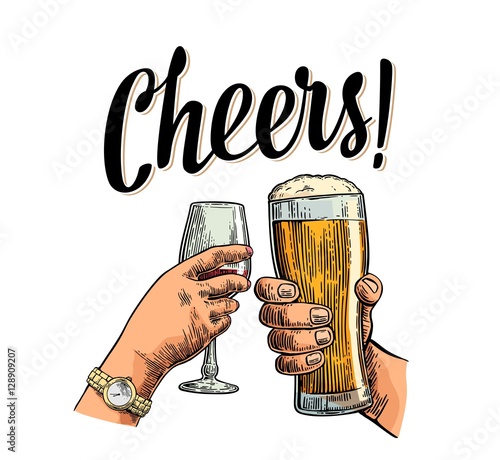 Hands holding and clinking two glasses with beer and wine.