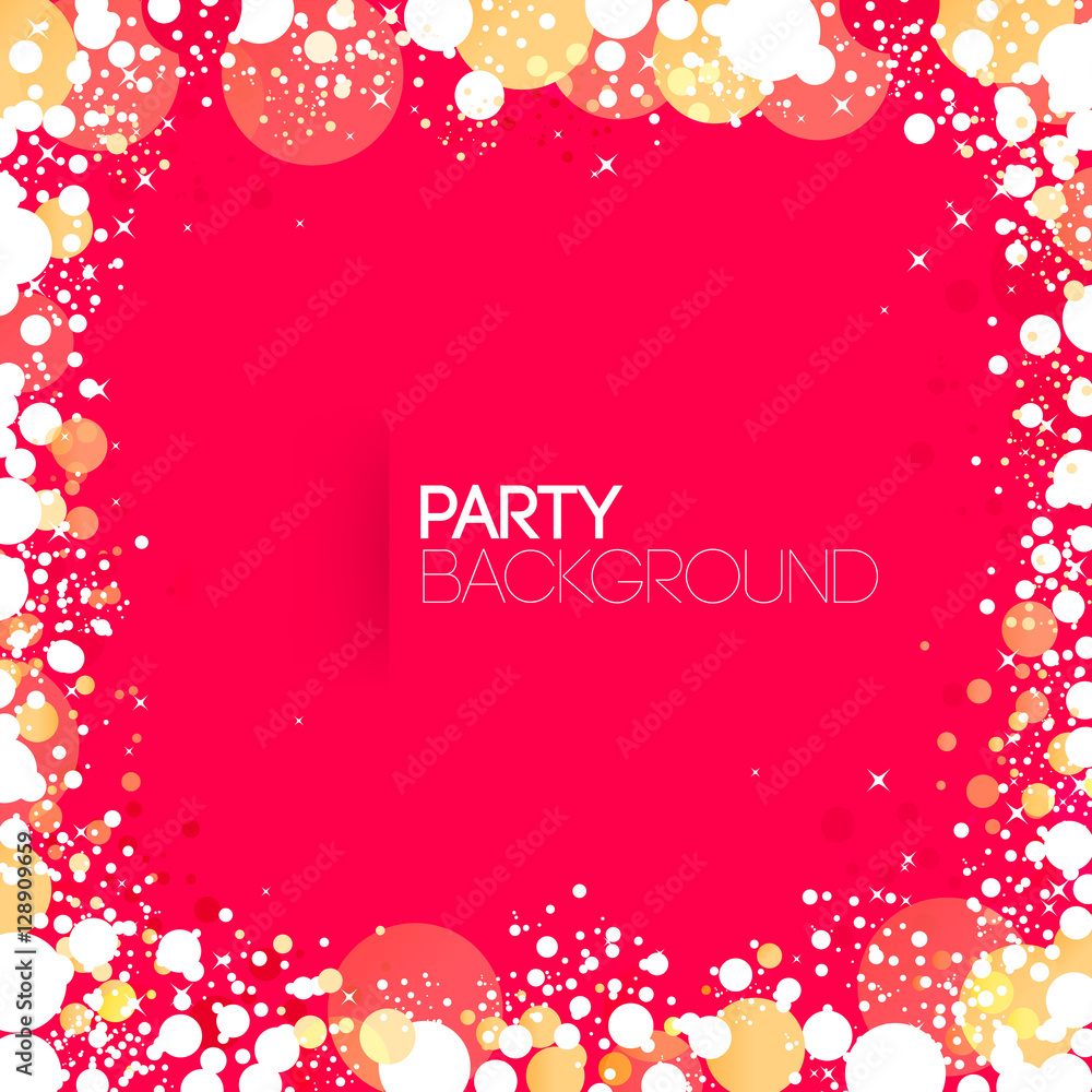 Square red party background with golden and white graphic elements.  