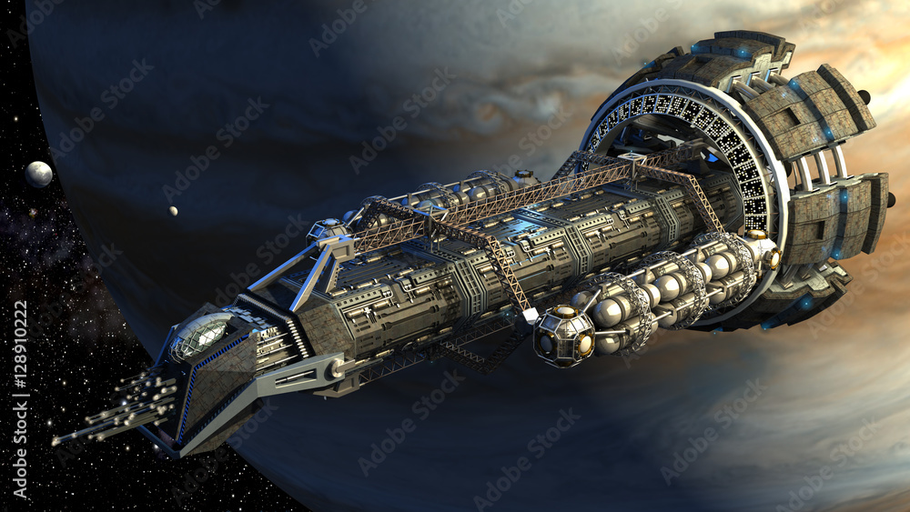 3d rendering of a spaceship flying next to Jupiter, for futuristic deep ...
