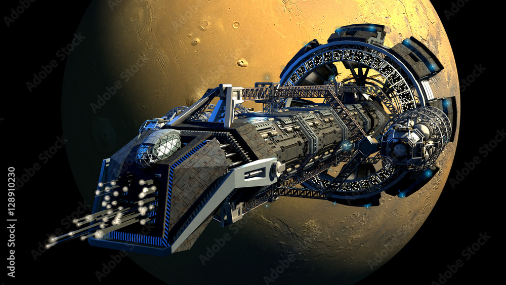 Fototapeta premium 3d rendering of a spaceship flying next to Mars, for futuristic deep space travel, scientific research or science fiction backgrounds. 
