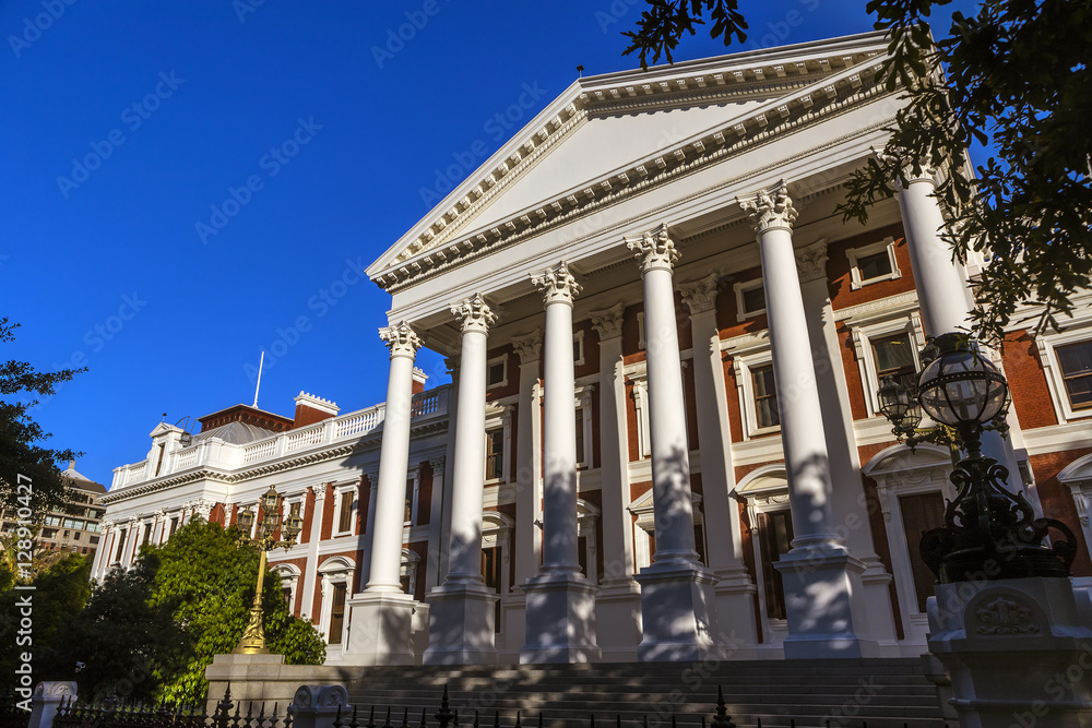 Republic of South Africa. Cape Town (Kaapstad). Facade of parliament building in a Neoclassical design, Cape Dutch architecture