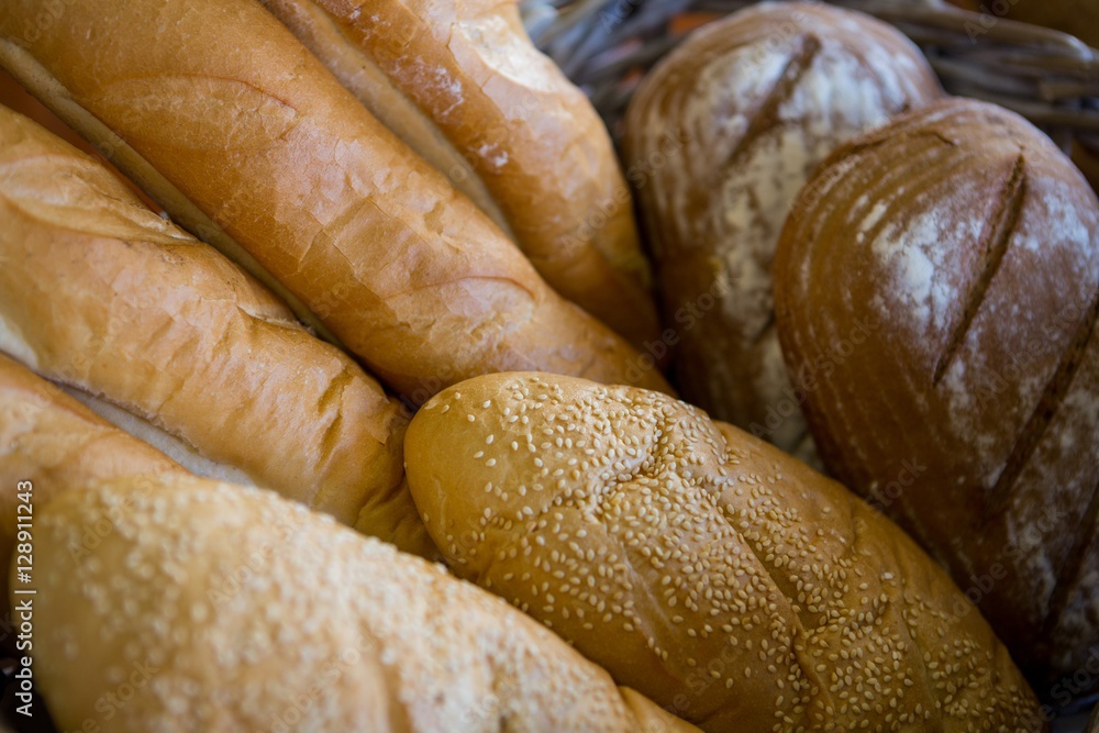 Close-up of various breads in basket