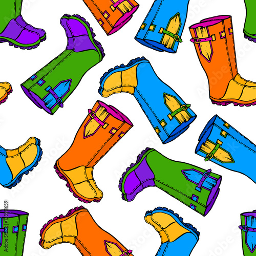 Cute seamless pattern made of hand drawn colorful rain boots.