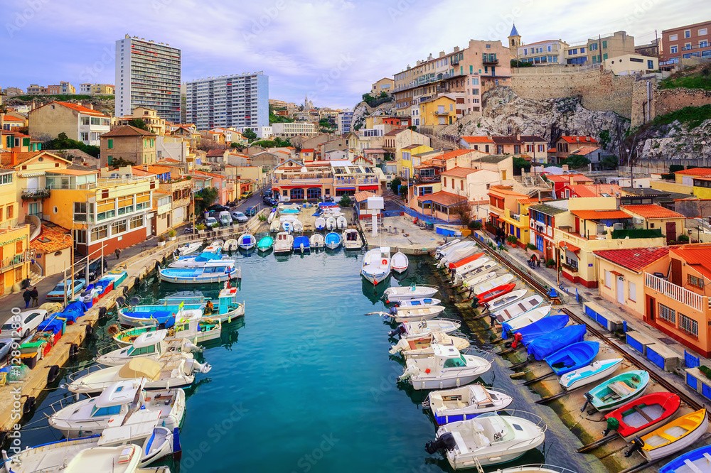 Colorful yacht harbour in the old city of Marseilles, France