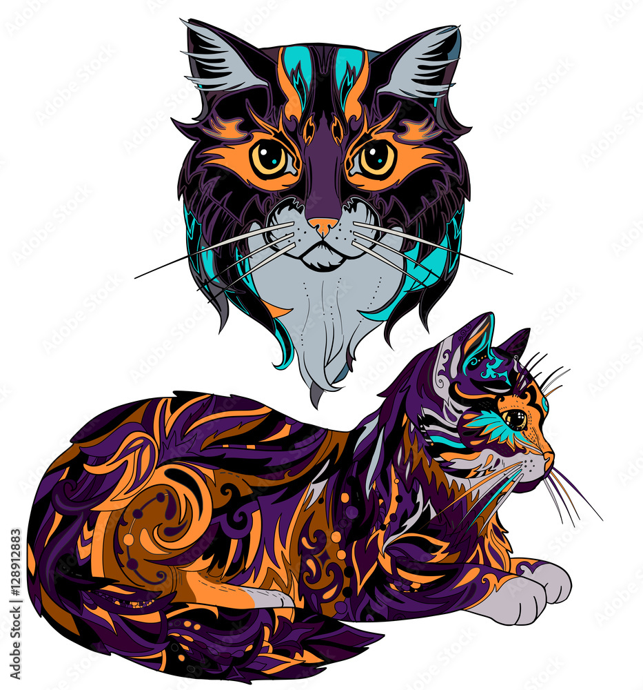 Ethnic decorative doodle cat and head cat. Vector illustration cat face for decorative print on t-shirt.