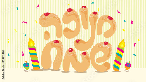 a greeting card: happy hanukkah, fun with dreidels and candles