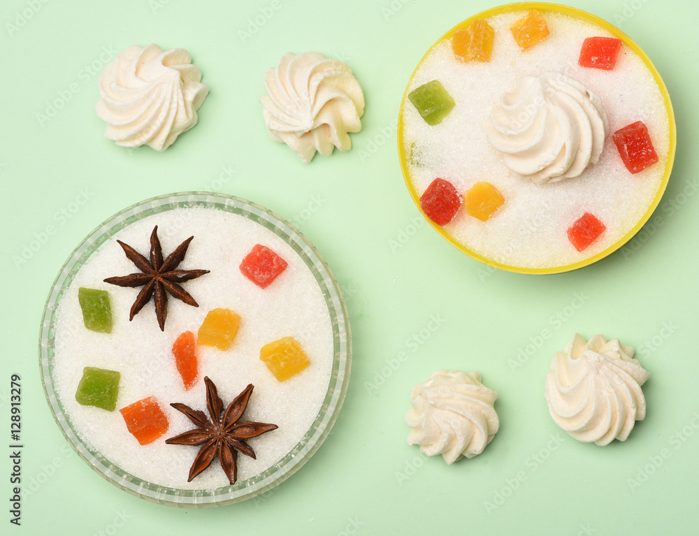 Sweets on light green background Sweets on light green background