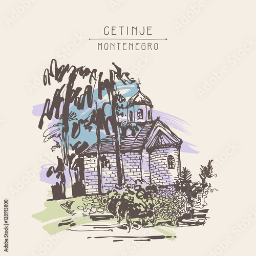 sepia hand drawing of Cetinje monastery - ancient capital in Mon