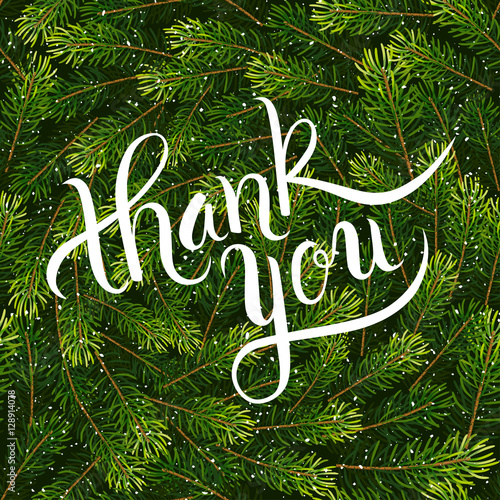 Holiday gift card with hand lettering Thank You on Christmas fir tree branches background. Vector illustration for your design