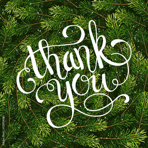 Holiday gift card with hand lettering Thank You on Christmas fir tree branches background. Vector illustration for your design