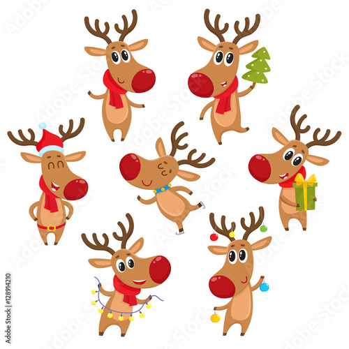 Cute and funny Christmas reindeers, cartoon vector illustration isolated on white background. Rudolf reindeer with Christmas tree, gifts and garland, ice skating, having fun, decoration elements photo