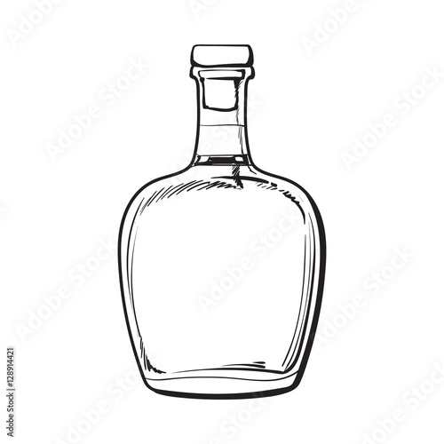 Full Jamaican rum bellied bottle, sketch style vector illustration isolated on white background. black and white hand drawing of an unlabeled, unopened rum, brandy, whiskey bottle