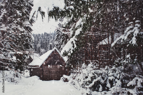rural wooden bulding on mountain top at ski resort