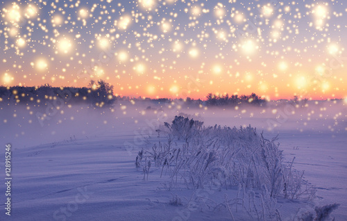 Canvas Print Christmas snowfall illuminated by rising sun