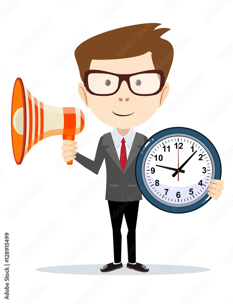 Abstract Businessman with a loudspeaker and wall clocks. Vector illustration Abstract Businessman with a loudspeaker and wall clocks. Vector illustration