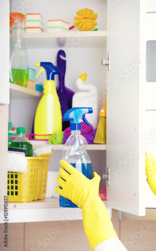 Cleaning supplies storing in pantry