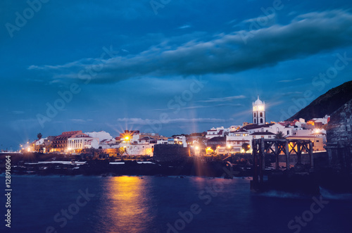 Night view of Garachico town. Tenerife Canary Islands, Spain. Filtered.