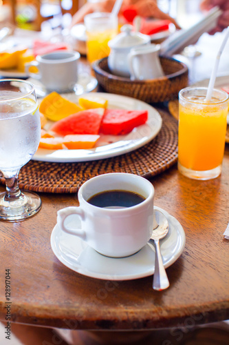 Delicious tasty coffee and fresh juice for breakfast at outdoor cafe