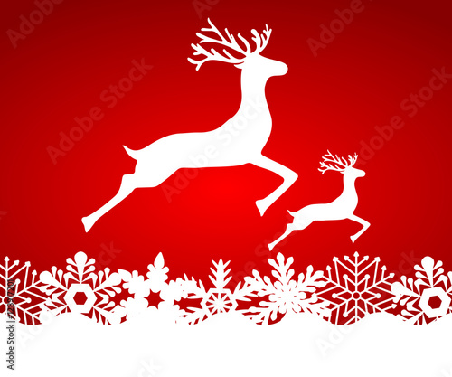 Two reindeer jump to each other on a red background with snowfla