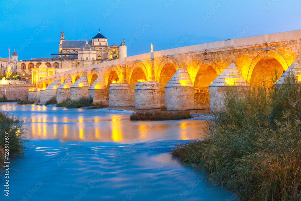 Illuminated Great Mosque Mezquita - Catedral de Cordoba with mirror reflection and Roman bridge across Guadalquivir river during morning blue hour, Cordoba, Andalusia, Spain