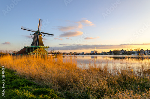 Golden scenery by the windmill at Zaanse Schans, Holland
