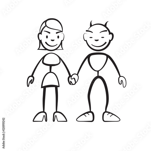 Strichmännchen Frau und Teufelchen Hand in Hand