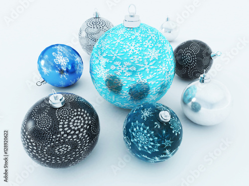 3D render of a beautiful blue and black holiday decorations baubles 