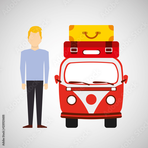 man blond vintage van camper suitcases vector illustration eps 10