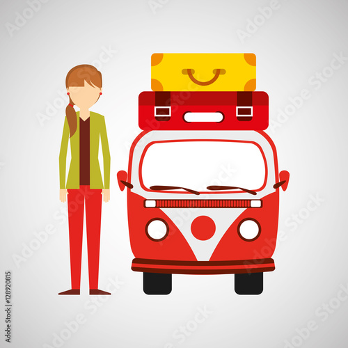 girl tail hairstyle vintage van camper suitcases vector illustration eps 10