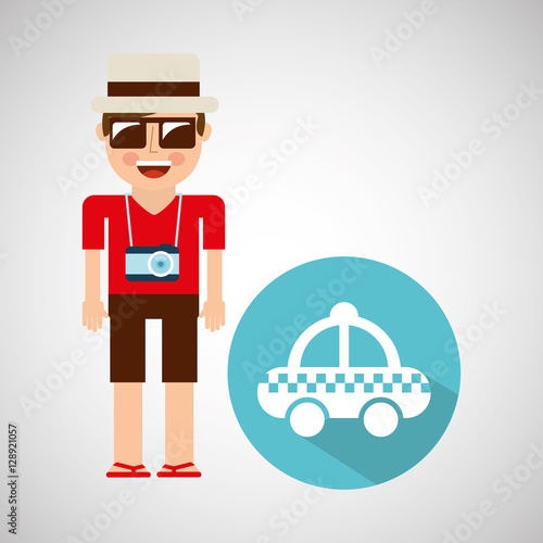 tourist man with camera and cab service vector illustration eps 10