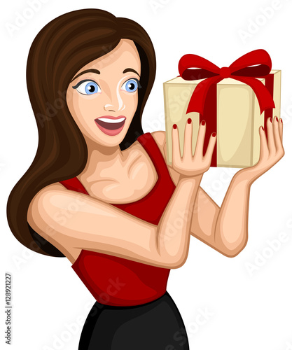 Vector illustration of an excited cartoon woman holding a wrapped gift.