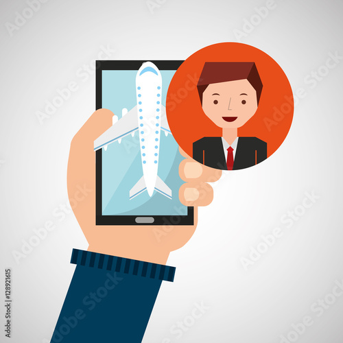 businessman hand holds mobile application travel airport vector illustration eps 10