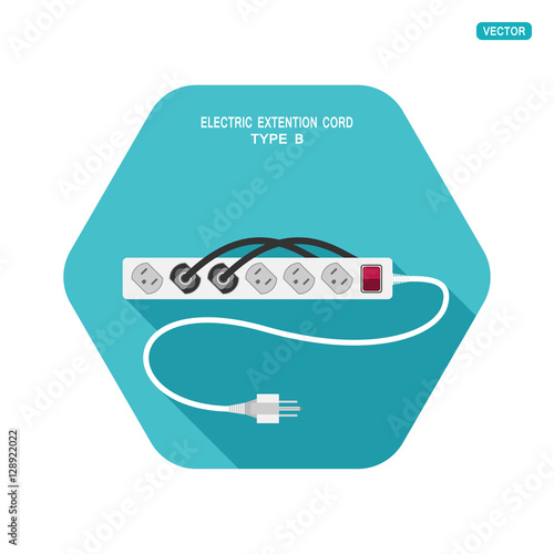 Vector hexagon icon with shadow of modern electric extension cord type B with shadow on the turquoise background.